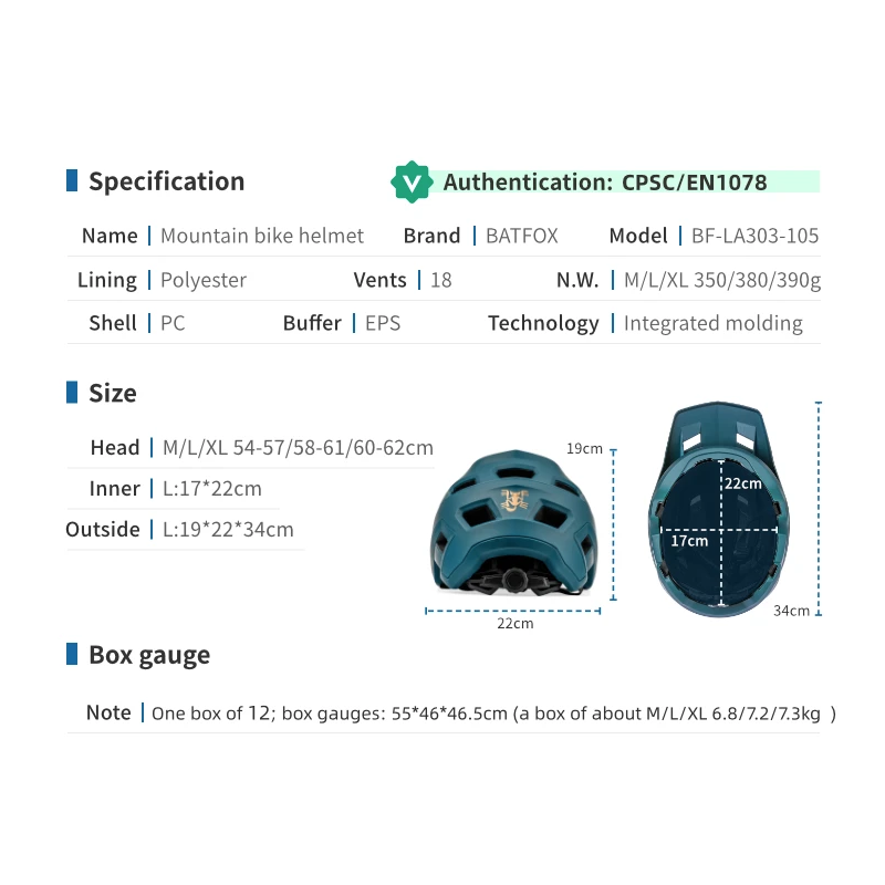 BATFOX Fahrradhelm, Mountainbike-Helm, Helme für Männer, Frauen, Erwachsene, Jugendliche