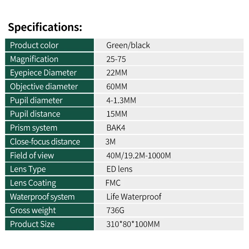 25-75x60 Zoom Spektiv ED Objektiv Leistungsstarke Monokulare Bak4 Prism Teleskop Für Outdoor Camping Vogelbeobachtung