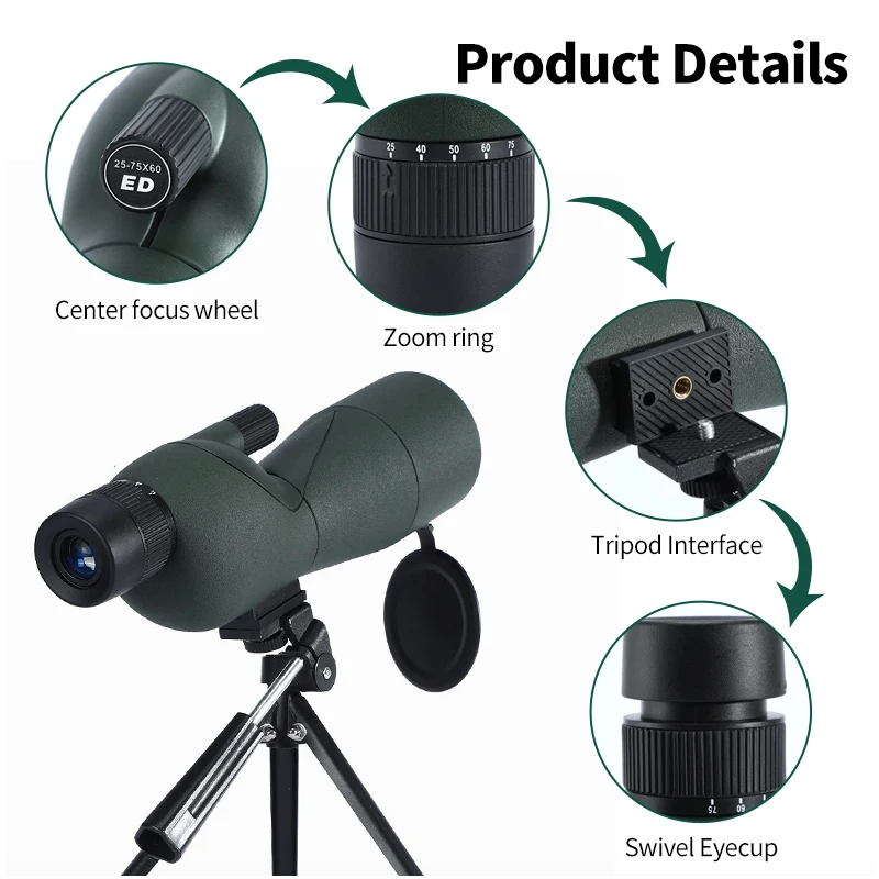 25-75x60 Zoom Spektiv ED Objektiv Leistungsstarke Monokulare Bak4 Prism Teleskop Für Outdoor Camping Vogelbeobachtung