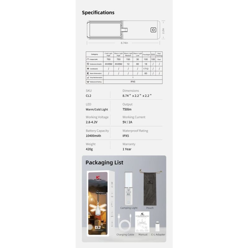 Klarus CL2 750 Lumen Freefolding Augenschonendes Campinglicht Ambientelicht/Schreibtischlampe/Taschenlampe