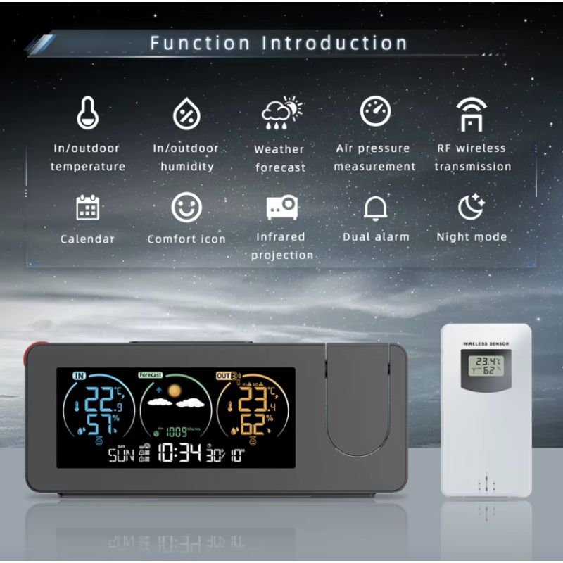 Projektionsuhr Wand Digital Alarm Elektronische Wetterstation Drahtloses Außenthermometer Wettervorhersage Luftfeuchtigkeit Barometer