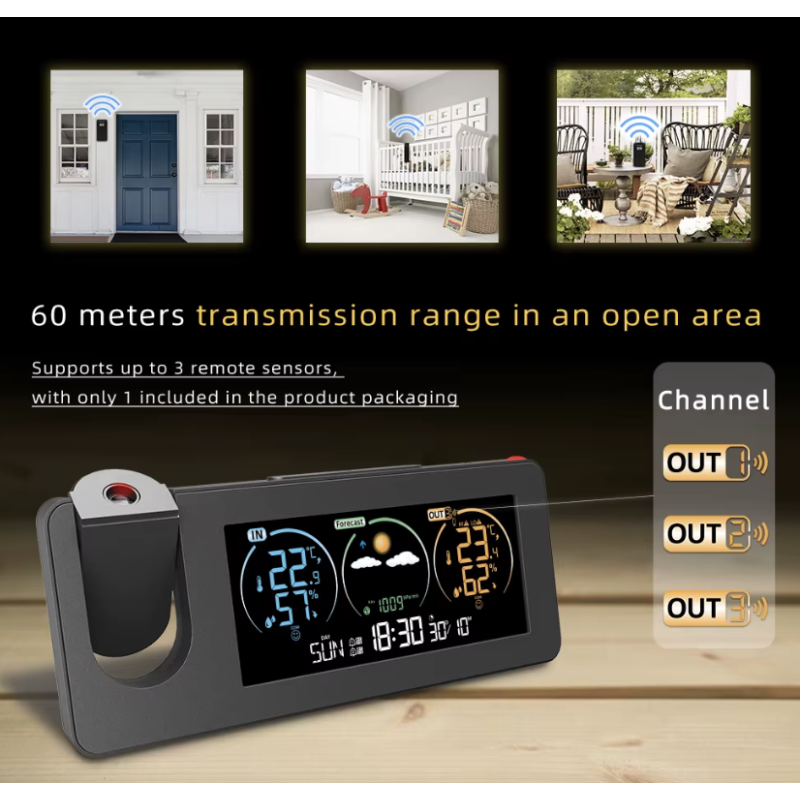 Projektionsuhr Wand Digital Alarm Elektronische Wetterstation Drahtloses Außenthermometer Wettervorhersage Luftfeuchtigkeit Barometer