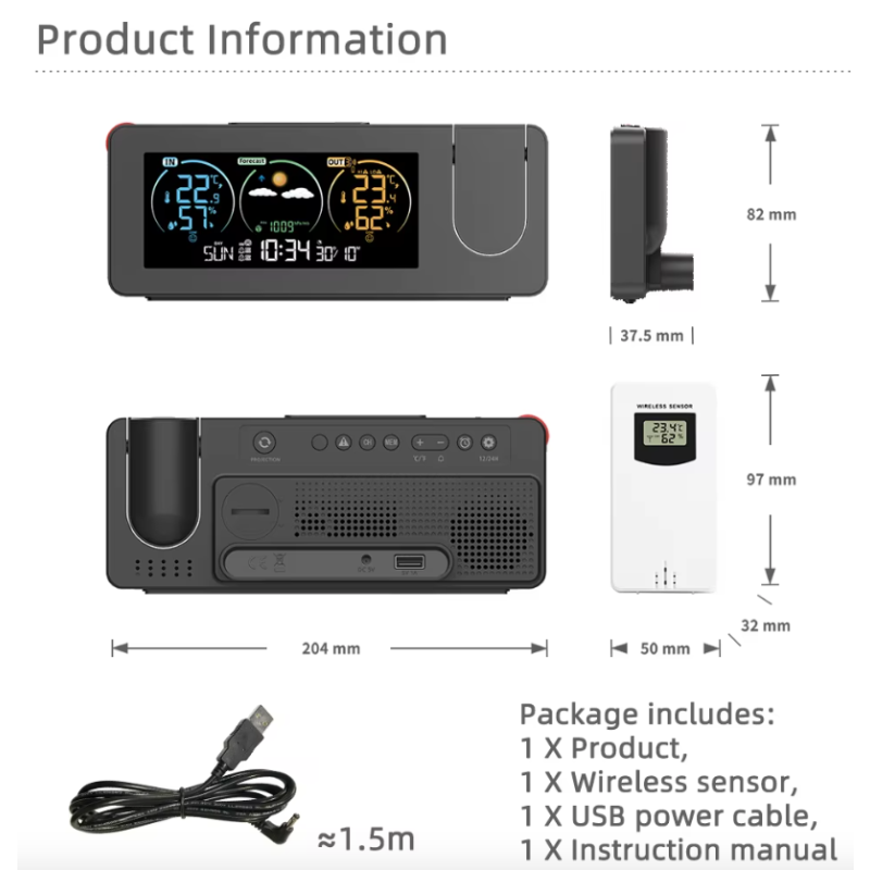 Projektionsuhr Wand Digital Alarm Elektronische Wetterstation Drahtloses Außenthermometer Wettervorhersage Luftfeuchtigkeit Barometer