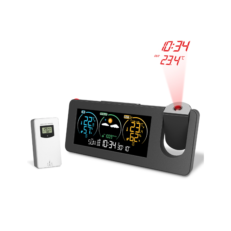 Projektionsuhr Wand Digital Alarm Elektronische Wetterstation Drahtloses Außenthermometer Wettervorhersage Luftfeuchtigkeit Barometer