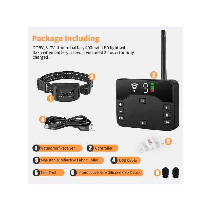 Drahtloser Hunde-Elektrozaun und Elektroschocker-Trainingshalsband mit Fernbedienung und einstellbarem Piepton, Vibrationsschock, wiederaufladbar