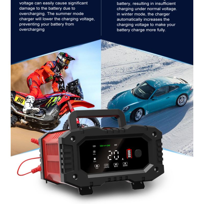 FOXSUR 20A Tragbares Autobatterieladegerät 12V-24V Motorrad LKW AGM LiFePO4 Blei-Säure-Batterien Automatische Reparaturwartung