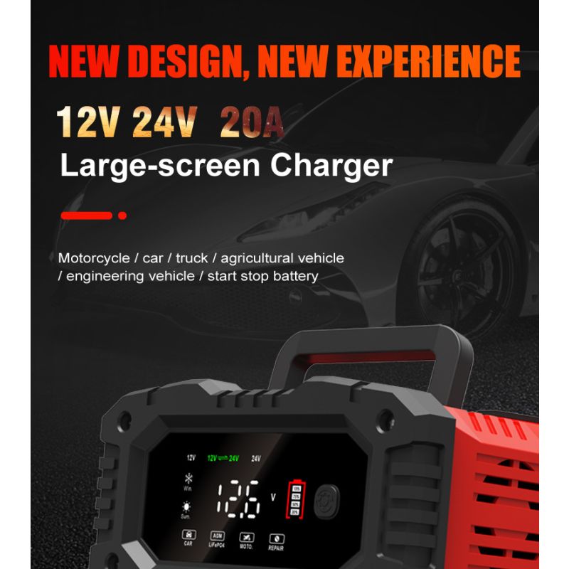 FOXSUR 20A Tragbares Autobatterieladegerät 12V-24V Motorrad LKW AGM LiFePO4 Blei-Säure-Batterien Automatische Reparaturwartung