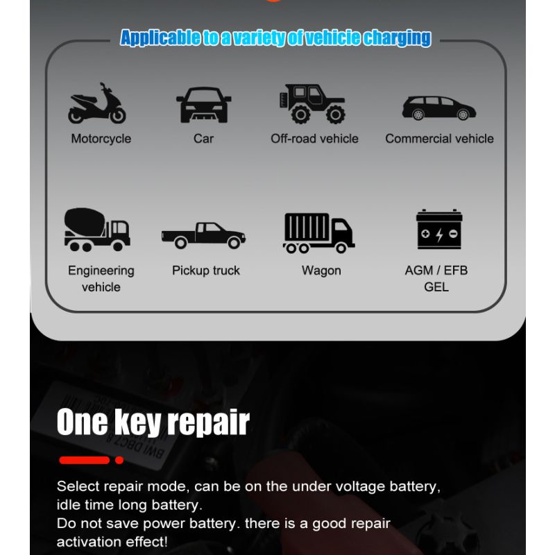 FOXSUR 20A Tragbares Autobatterieladegerät 12V-24V Motorrad LKW AGM LiFePO4 Blei-Säure-Batterien Automatische Reparaturwartung