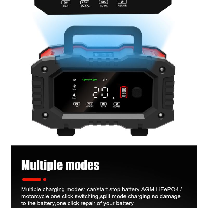 FOXSUR 20A Tragbares Autobatterieladegerät 12V-24V Motorrad LKW AGM LiFePO4 Blei-Säure-Batterien Automatische Reparaturwartung