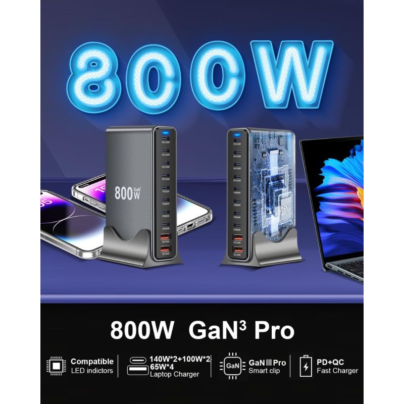 800W USB C Fast Charger Block, 10 Port USB Charging Station, GaN Ⅲ Pro Dual 140W PD PPS Port Charger Compatible