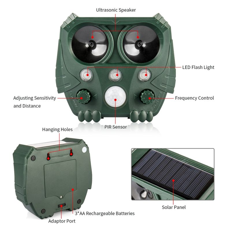 Tier Repeller Ultraschall Solar Power Vogel Hund Katze Stinktier Wild Waschbärabweisend