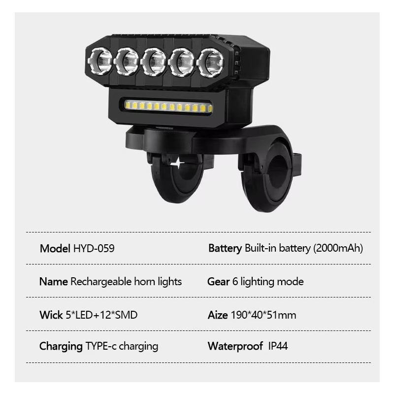 USB wiederaufladbare Fahrrad-Frontleuchte 120dB Radfahren Bike Horn wasserdichte Fahrradklingel Frontleuchte