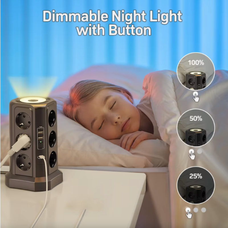 EU Multi-socket surge Protector 4000W 16A with USB port, multi-plug with night light