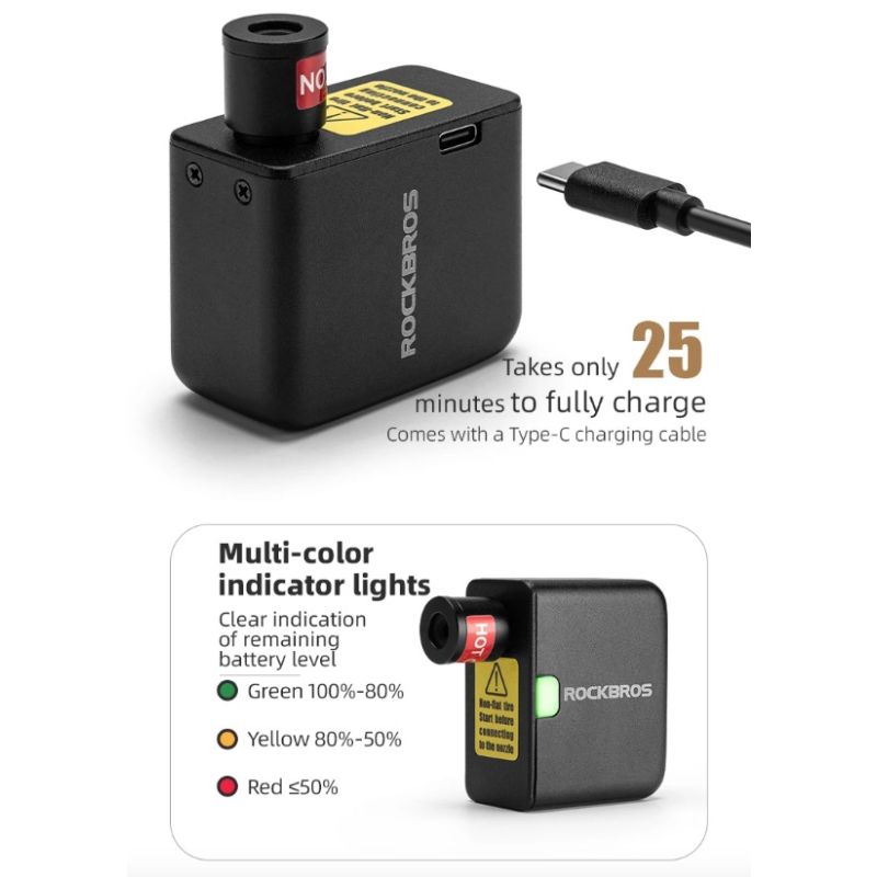 ROCKBROS Fahrradpumpe, tragbare Mini-Elektro-Luftpumpe, wiederaufladbar, 100 PSI, Reifenfüller, Auto, Fahrrad, Motorrad, Fahrradpumpe