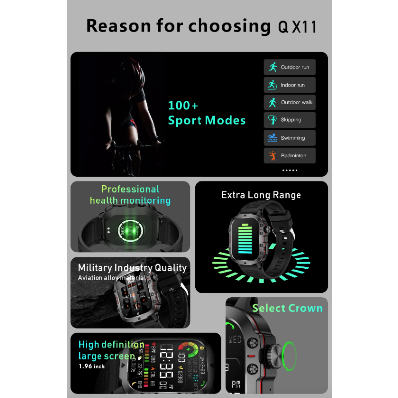 QX11 Smart Watch Herren IP68 5ATM Outdoor-Sport Fitness Tracker Gesundheitsmonitor 1,96" BT Call Smartwatch