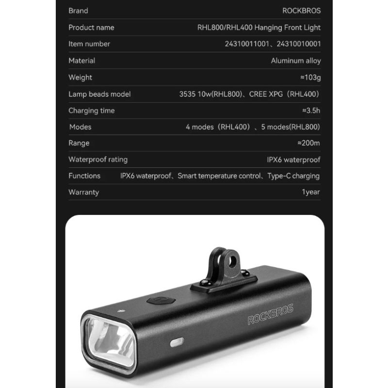 ROCKBROS RHL-1000LUMEN Fahrrad-Frontlicht, regendicht, wiederaufladbar, Typ C, Fahrradlicht, Fahrradscheinwerfer, LED-MTB-Fahrradlampe