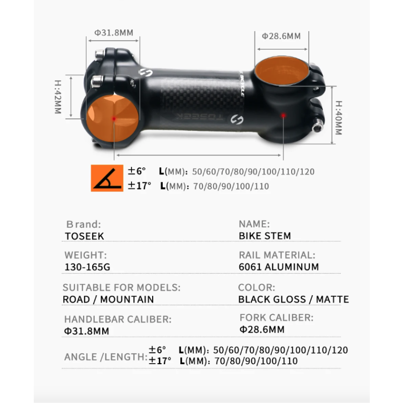 TOSEEK Fahrrad Lenker Vorbau 28,6-31,8mm Aluminium  Carbon Vorbau Angle6 17 Mtb Lenker Vorbau MTB Vorbau Ersatzteile für Fahrrad