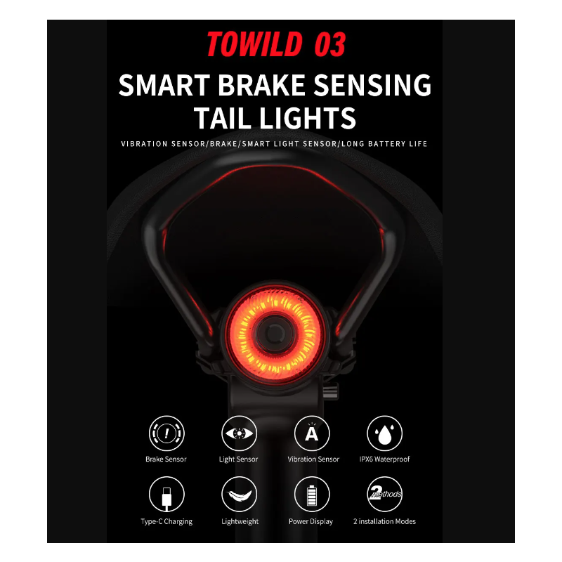 TOWILD TL03 Fahrrad Smart Auto Brake Sensing Light LED Fahrradrücklicht Fahrradrücklicht Warnfahrradrücklicht