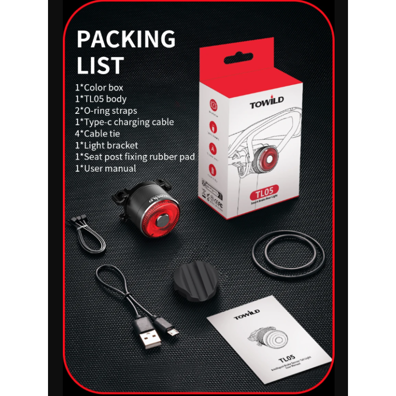 TOWILD TL05 Rücklicht Fahrrad Smart Auto Brake Sensing Light IPX6 Wasserdichtes USB-Lade-LED-Fahrradlicht Warnrücklicht