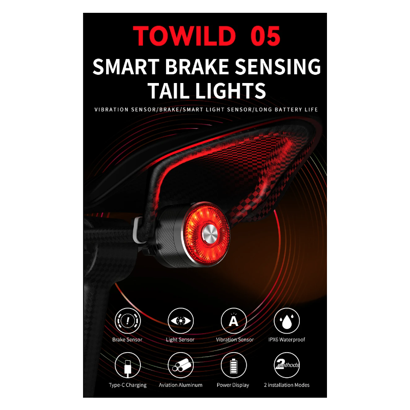 TOWILD TL05 Rücklicht Fahrrad Smart Auto Brake Sensing Light IPX6 Wasserdichtes USB-Lade-LED-Fahrradlicht Warnrücklicht