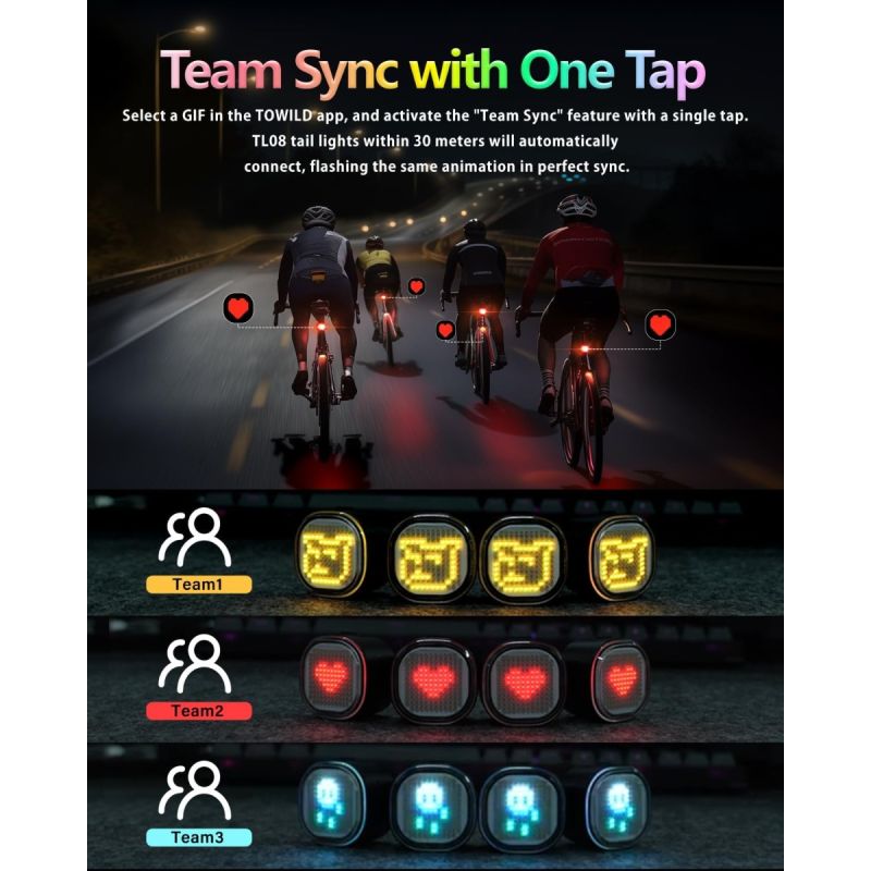 TOWILD TL08 Bike Tail Light, Customized Patterns Full-Color Bike Rear Light, Brake Sensing, USB-C Rechargeable Bicycle Taillights