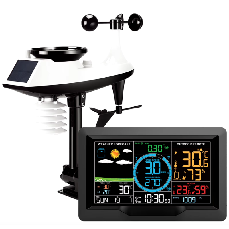 Wi-Fi-Wetterstation 7,5-Zoll-Farbdisplay mit solarbetriebenem kabellosem Außensensor, Alarmmeldungen für Temperatur und Luftfeuchtigkeit