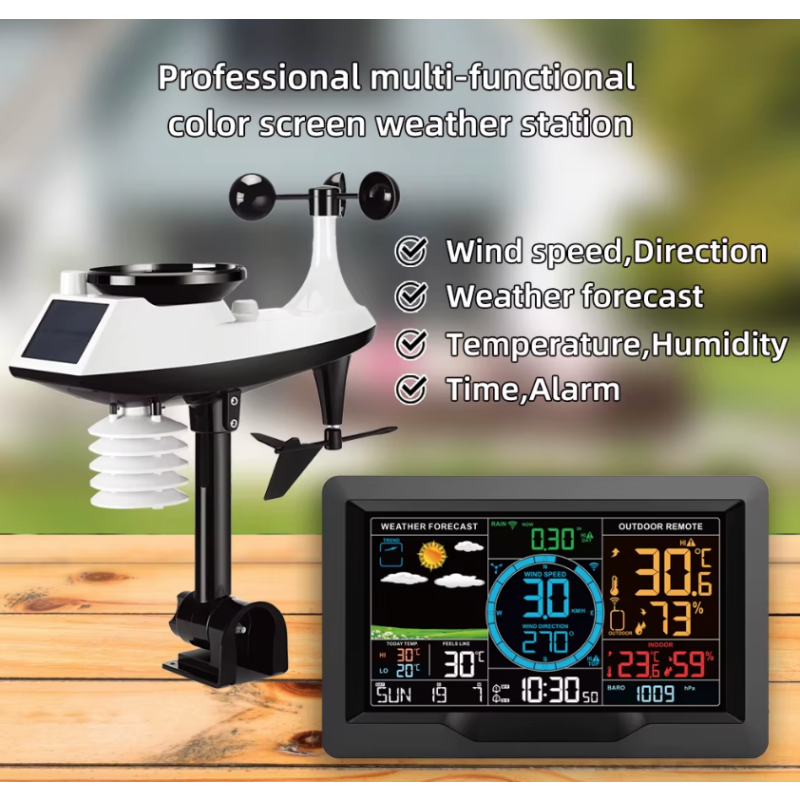 Wi-Fi-Wetterstation 7,5-Zoll-Farbdisplay mit solarbetriebenem kabellosem Außensensor, Alarmmeldungen für Temperatur und Luftfeuchtigkeit