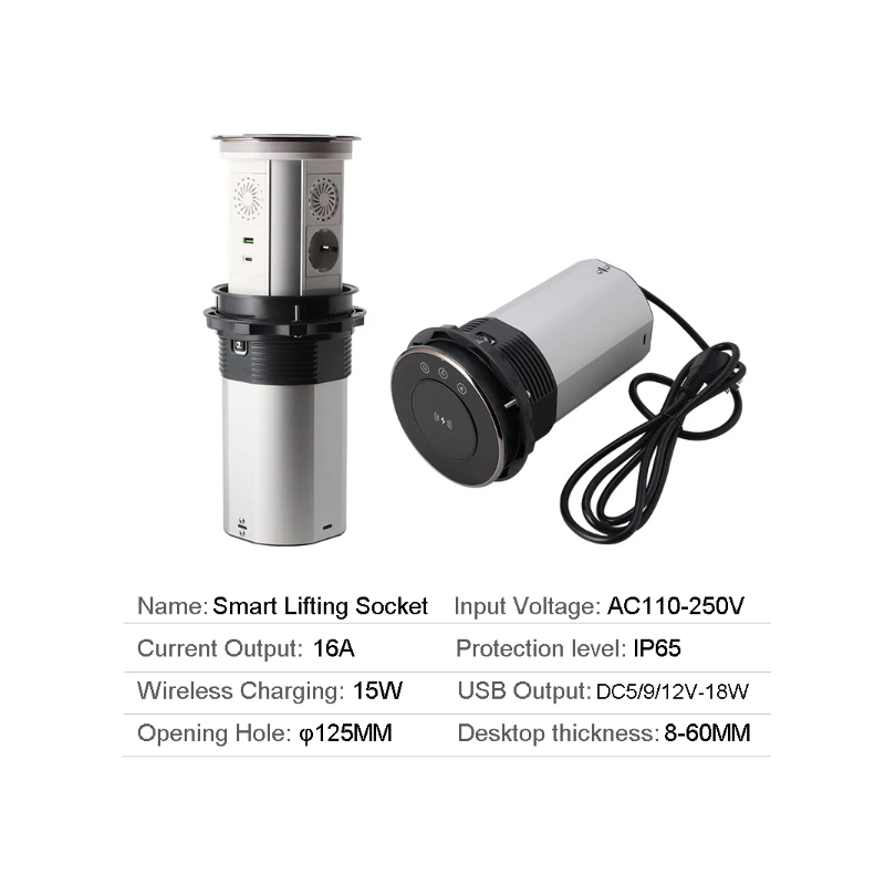 Elektrische Hebesteckdosen, versteckte, motorisierte Pop-up-Versenksteckdose auf dem Tisch mit kabelloser USB-Aufladung, EU-Standard