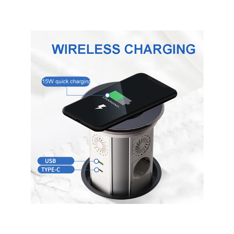 Elektrische Hebesteckdosen, versteckte, motorisierte Pop-up-Versenksteckdose auf dem Tisch mit kabelloser USB-Aufladung, EU-Standard