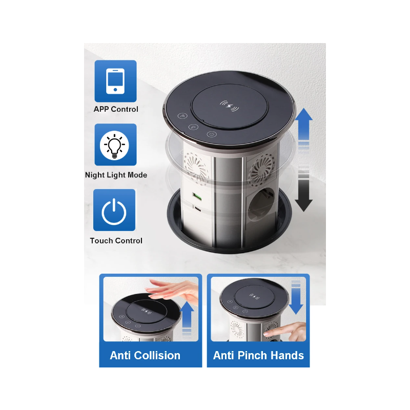 Elektrische Hebesteckdosen, versteckte, motorisierte Pop-up-Versenksteckdose auf dem Tisch mit kabelloser USB-Aufladung, EU-Standard