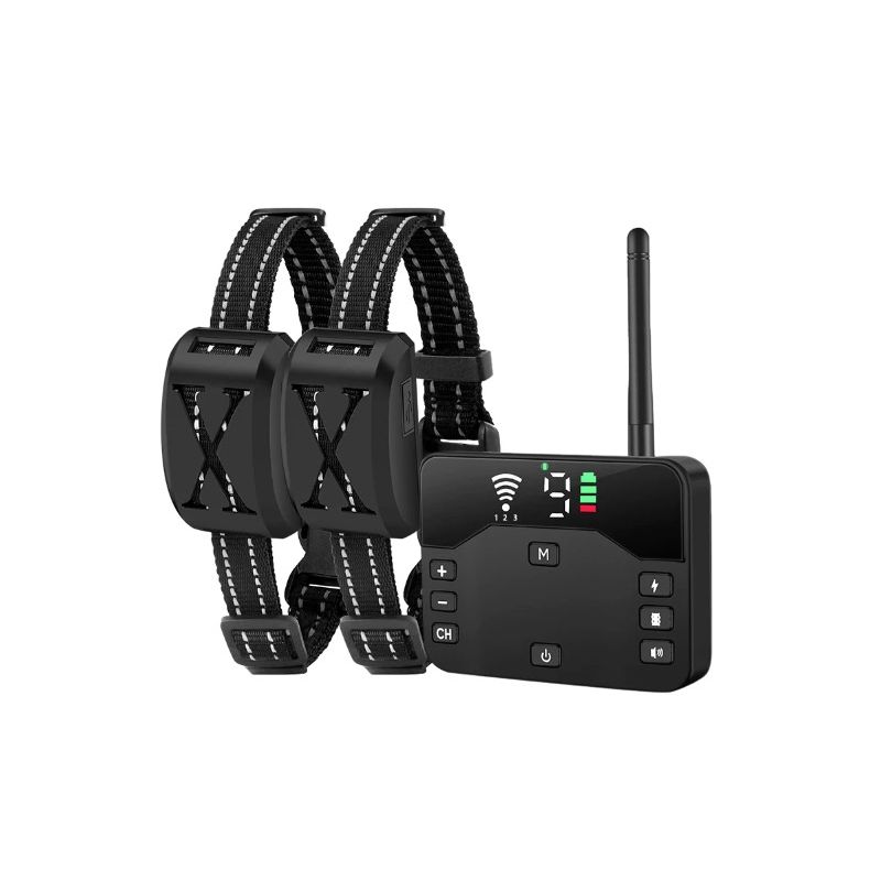 Drahtloser Hunde-Elektrozaun und Elektroschocker-Trainingshalsband mit Fernbedienung und einstellbarem Piepton, Vibrationsschock, wiederaufladbar