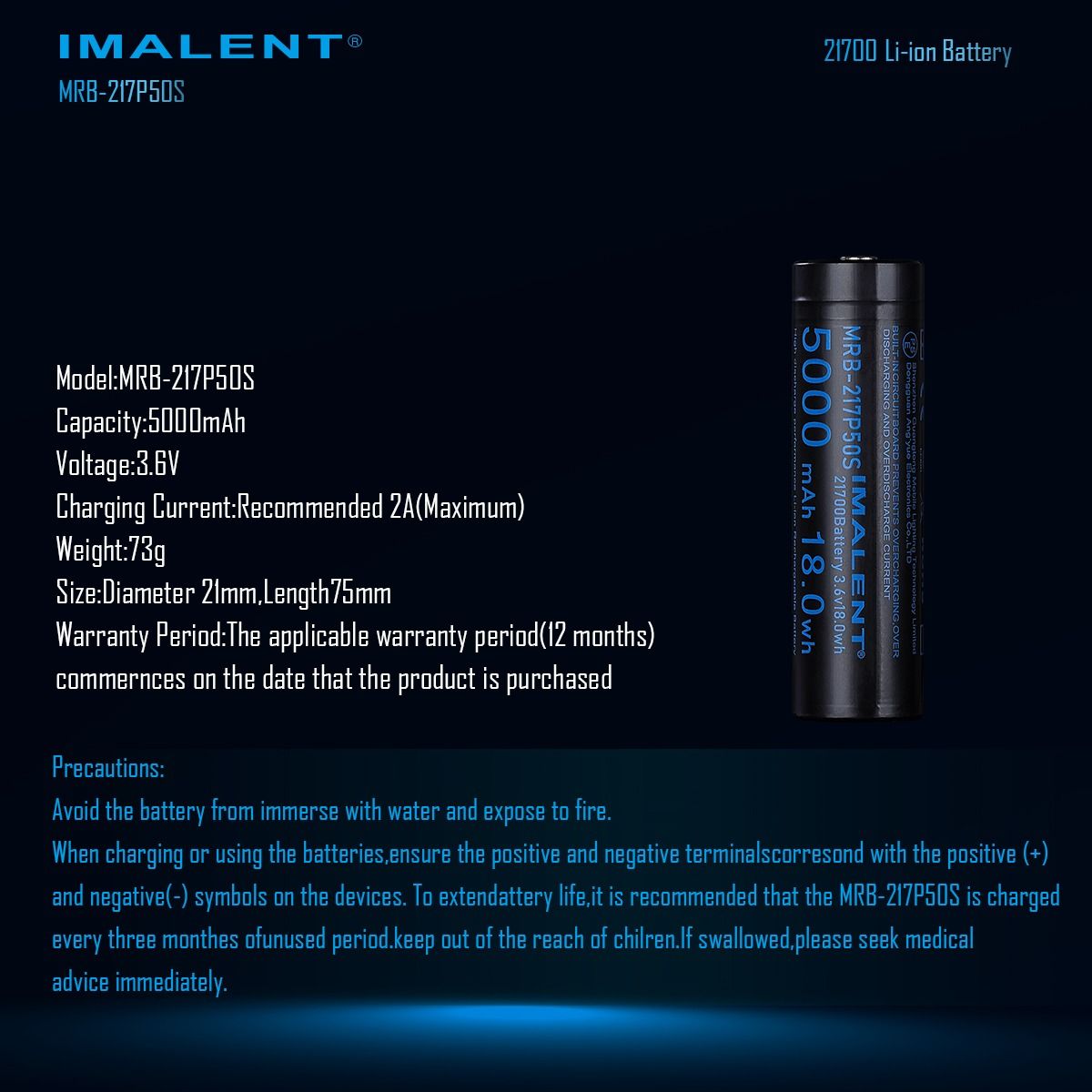 IMALENT MRB-217P50S 21700 5000MAH 3.6V wiederaufladbare Batterie