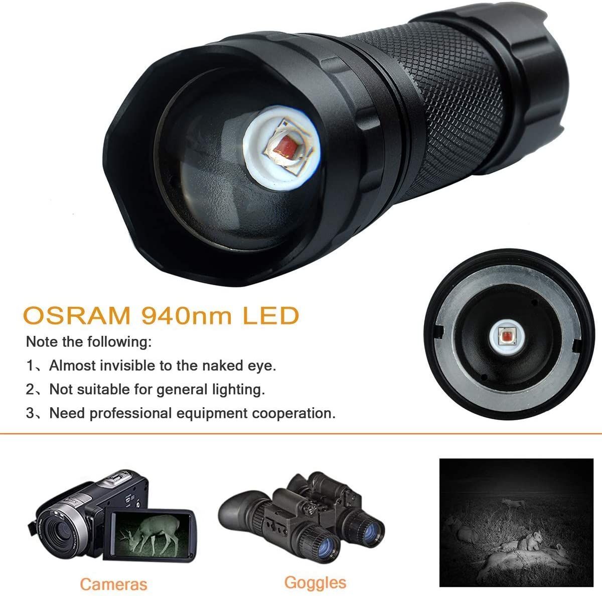 UltraFire 940nm LED-IR-Taschenlampe mit verstellbarem Fokus, stufenlosem Dimmen, Nachtsicht, für Jagd und Wildtiererkundung