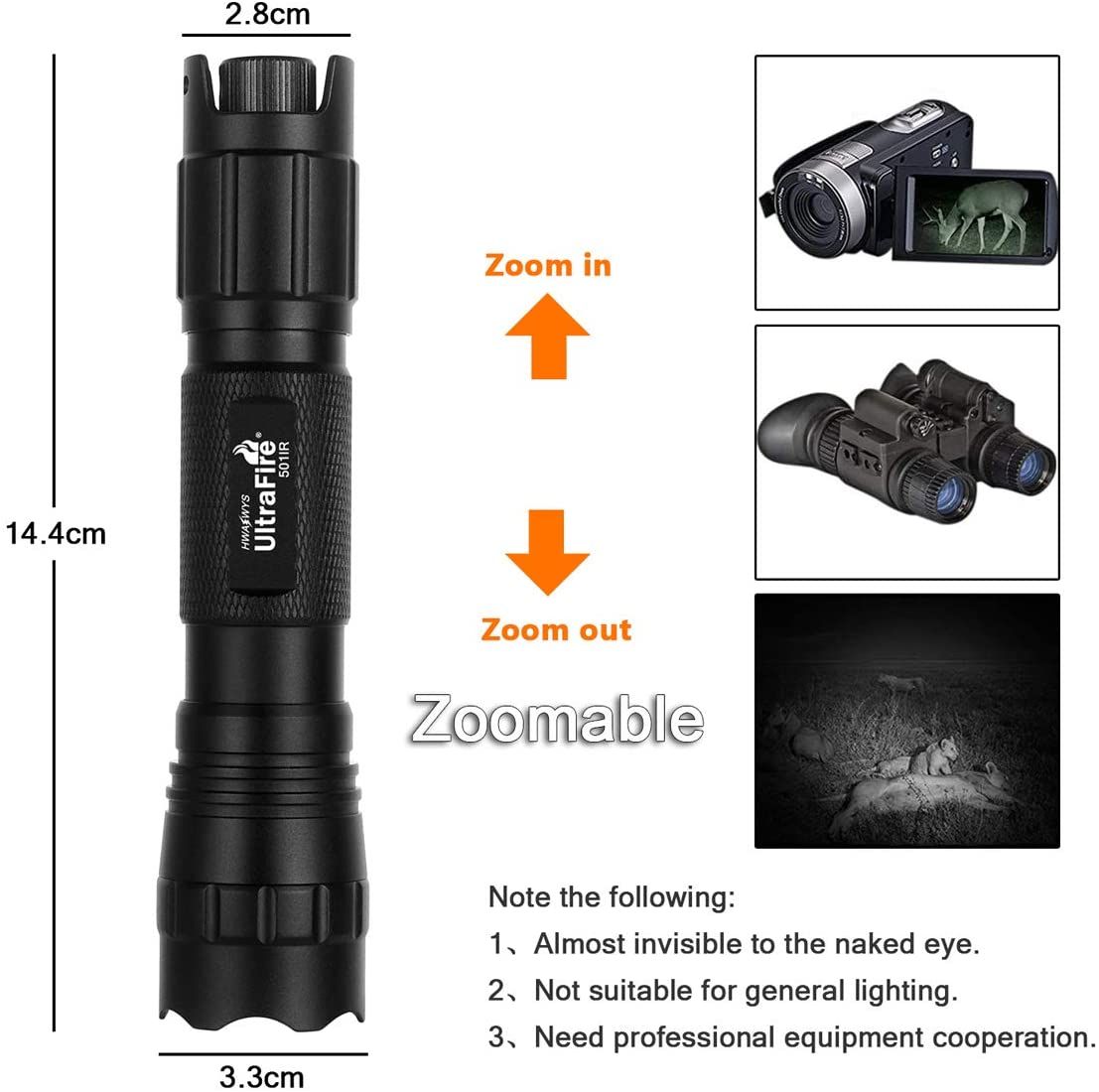 UltraFire 940nm LED-IR-Taschenlampe mit verstellbarem Fokus, stufenlosem Dimmen, Nachtsicht, für Jagd und Wildtiererkundung