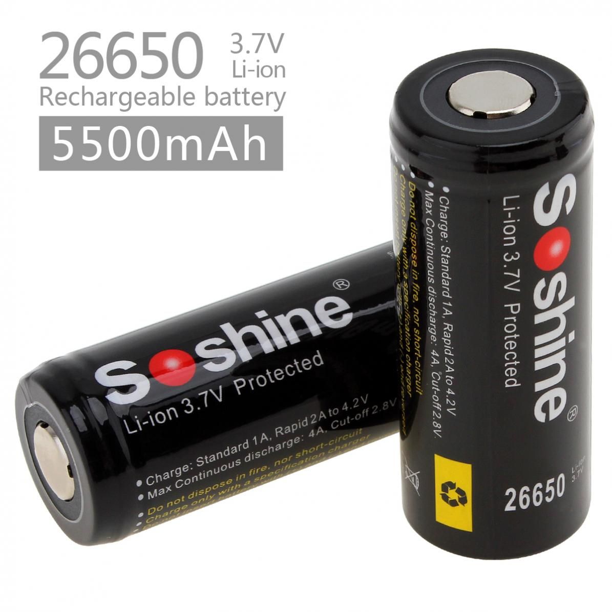 Soshine 26650 5500mAh Li-Ion-Akkus 2er-Pack für Taschenlampen und Elektrowerkzeuge, langlebige Nutzung