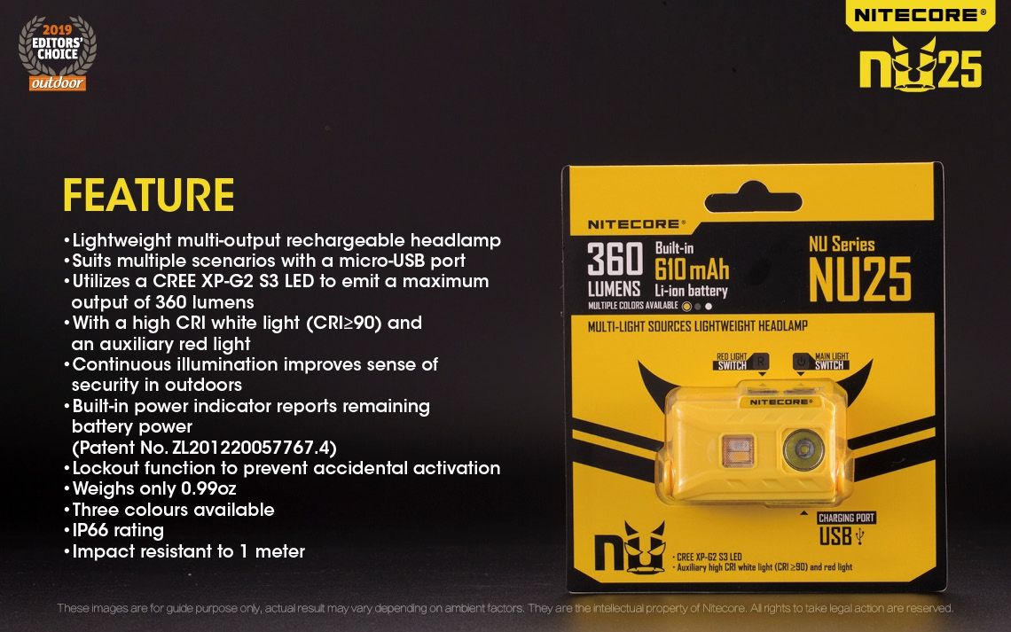 Nitecore NU25 XP-G2 S3 LED wiederaufladbare Stirnlampe 360 Lumen leichtes Adventure-Zubehör für Außenbeleuchtung