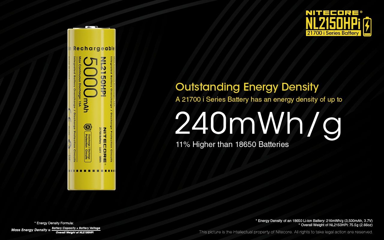 NITECORE NL2150HPi 5000mAh 21700 Li-Ion wiederaufladbarer Akku, Hochleistung für Taschenlampe und Vape