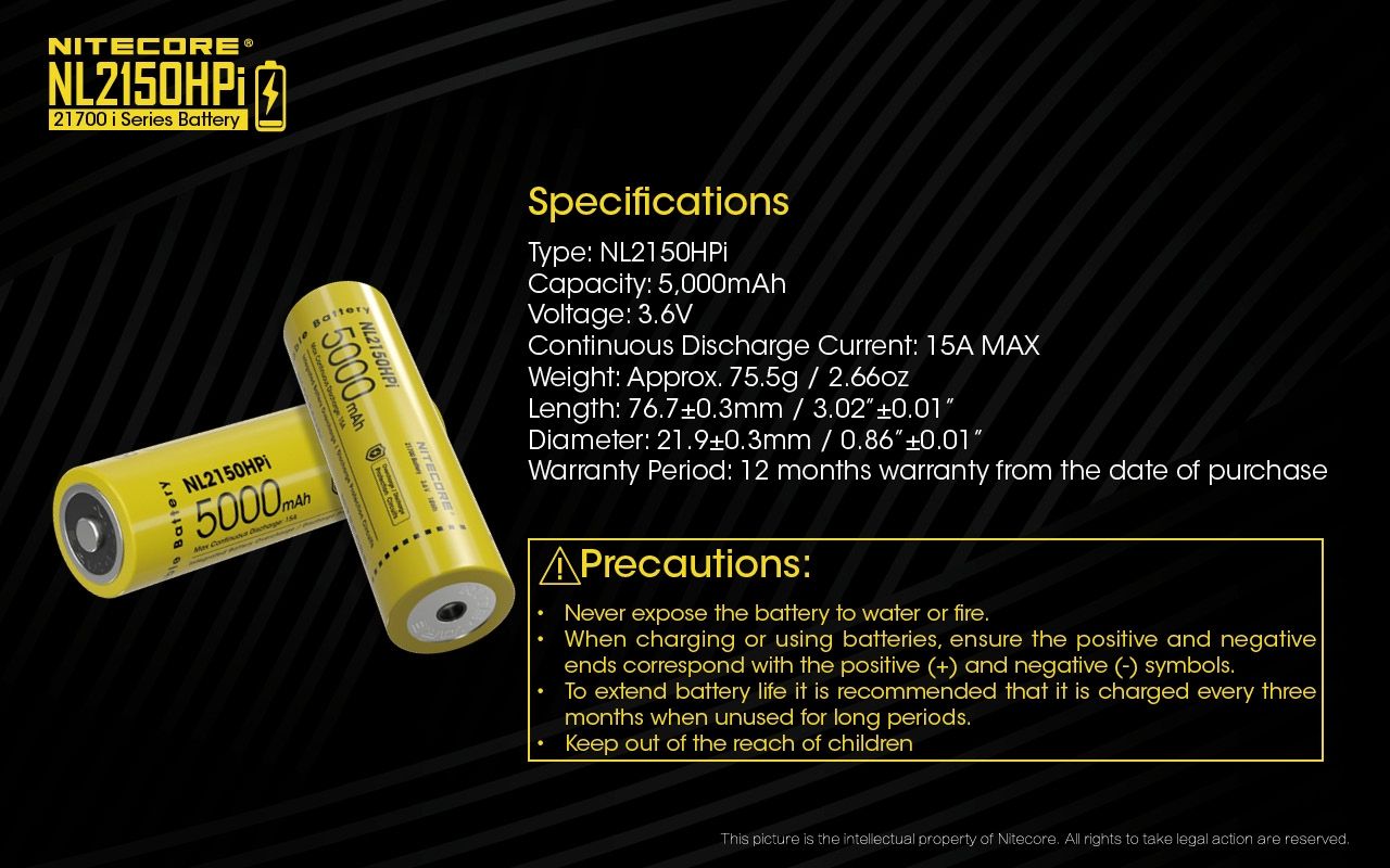 NITECORE NL2150HPi 5000mAh 21700 Li-Ion wiederaufladbarer Akku, Hochleistung für Taschenlampe und Vape