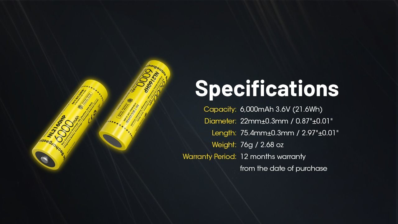 NITECORE NL2160HP 6000mAh 3,6V 21700 USB-C Li-Ion wiederaufladbarer Akku, hohe Kapazität, tragbare Stromquelle