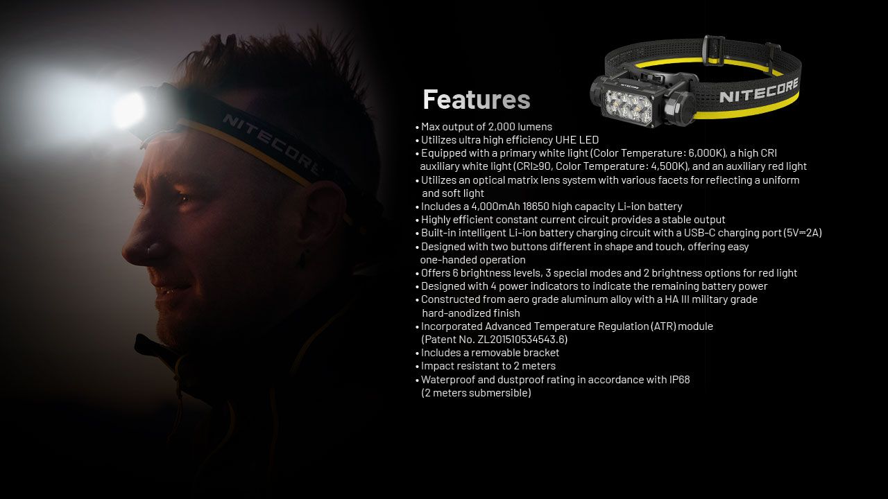NITECORE HC65 UHE Kopfleuchte 2000 Lumen USB-C wiederaufladbare LED-Stirnlampe für Camping, Wandern, lange Akkulaufzeit
