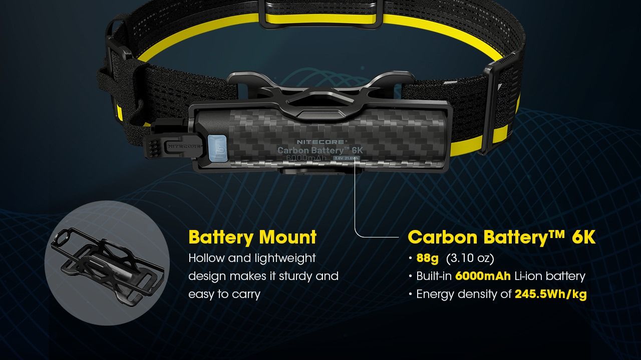 Nitecore Carbon Battery 6K Kit Stirnlampen-Laufzeitverlängerer für NU40, NU43, NU45, NU50 und HC65 UHE Stirnlampen