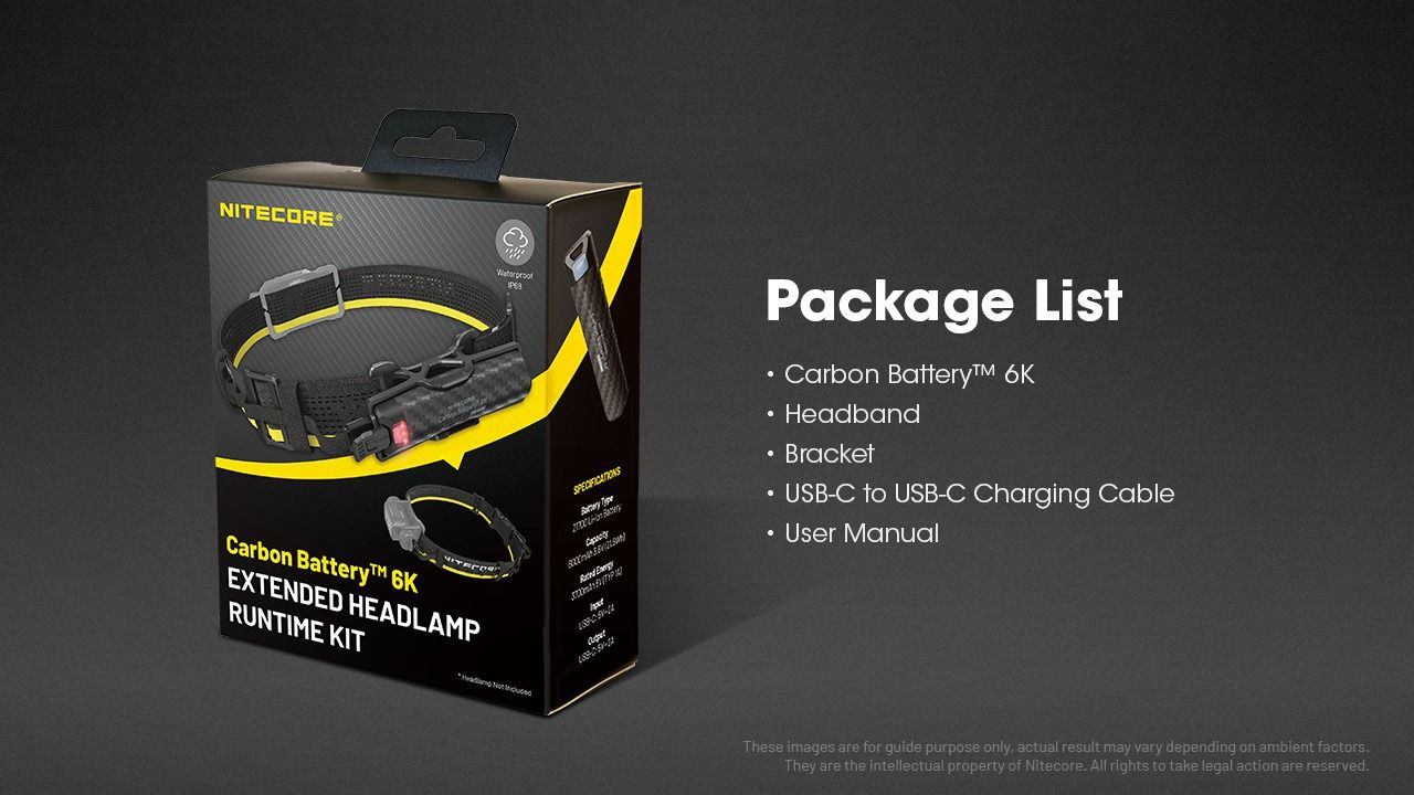 Nitecore Carbon Battery 6K Kit Stirnlampen-Laufzeitverlängerer für NU40, NU43, NU45, NU50 und HC65 UHE Stirnlampen