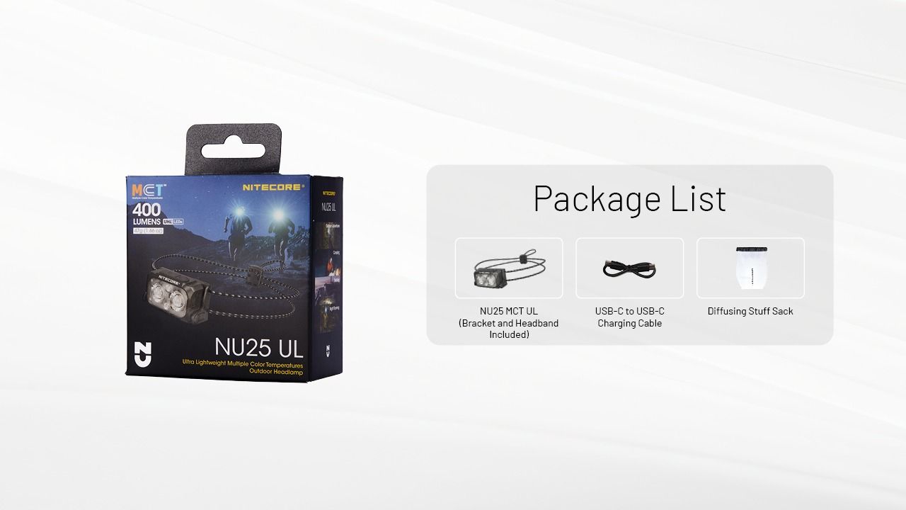NITECORE NU25 MCT UL 400 Lumen Stirnlampe, leichte USB-C wiederaufladbare Lampe für Wandern, Camping und Notfälle