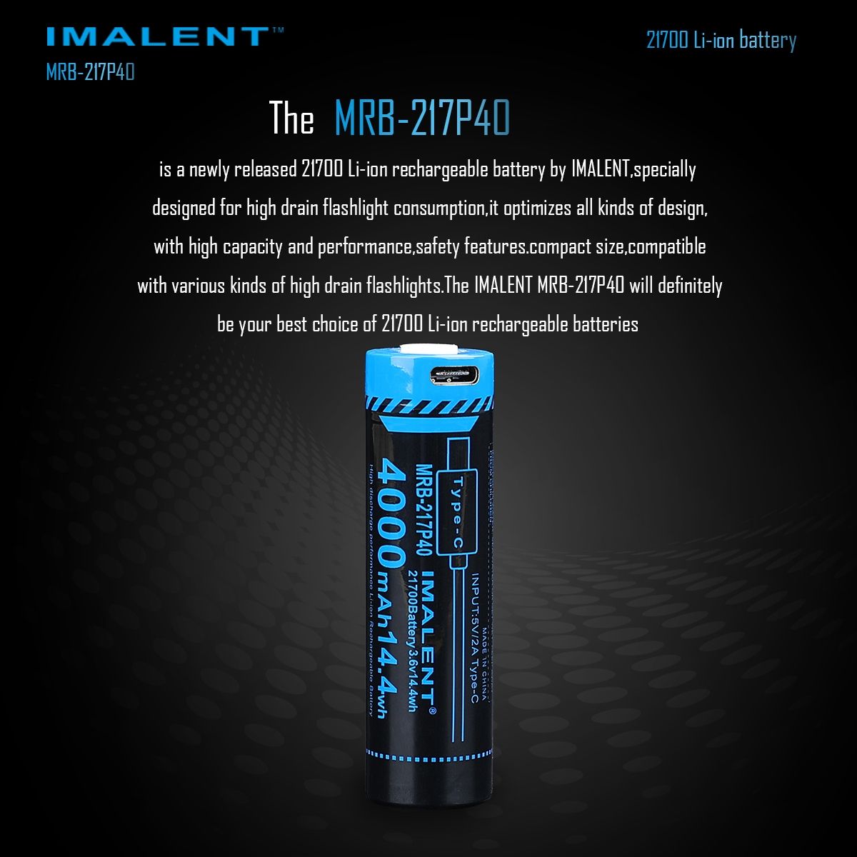 IMALENT MRB-217P40 21700 Akku 4000mAh Type-C wiederaufladbar hohe Kapazität für Taschenlampen und Gadgets