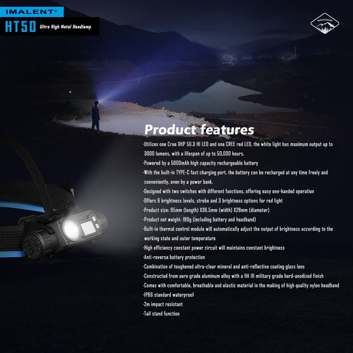 IMALENT HT50 LED Adventure-Stirnlampe, doppelte Lichtquellen, wiederaufladbar, leichtes Design, hohe Lumenleistung