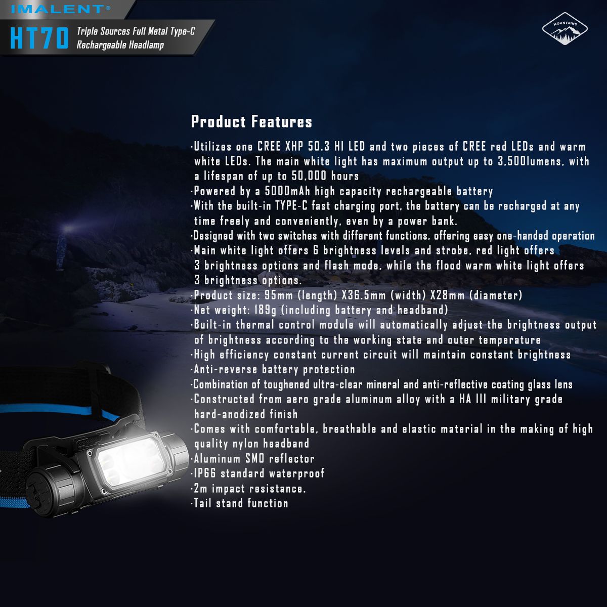IMALENT HT70 Stirnlampe mit drei Lichtquellen, 3500 Lumen, wiederaufladbar, ergonomisches Design für Outdoor-Abenteuer