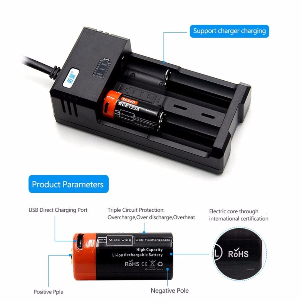 16340 650mAh 3.7V Micro-USB wiederaufladbarer Li-Ionen-Akku, umweltfreundlich und langlebig für Taschenlampen und Ausrüstung