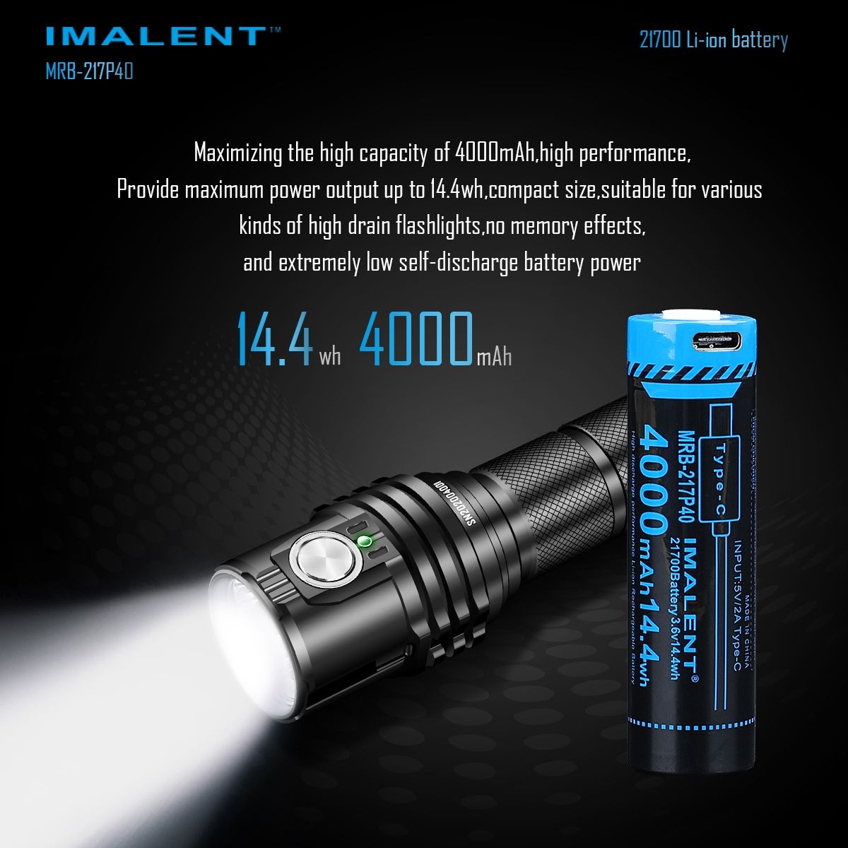 IMALENT MRB-217P40 21700 Akku 4000mAh Type-C wiederaufladbar hohe Kapazität für Taschenlampen und Gadgets