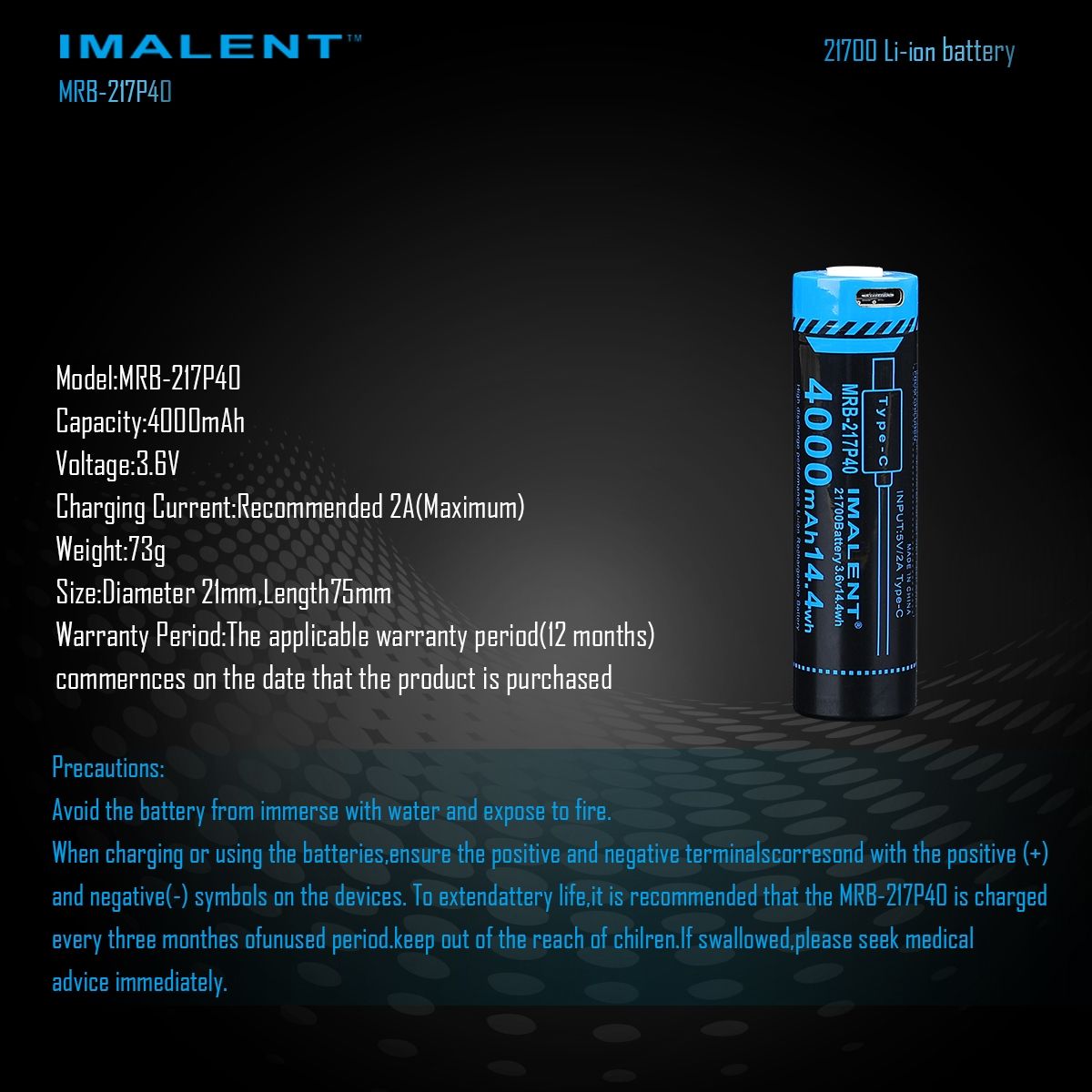 IMALENT MRB-217P40 21700 Akku 4000mAh Type-C wiederaufladbar hohe Kapazität für Taschenlampen und Gadgets