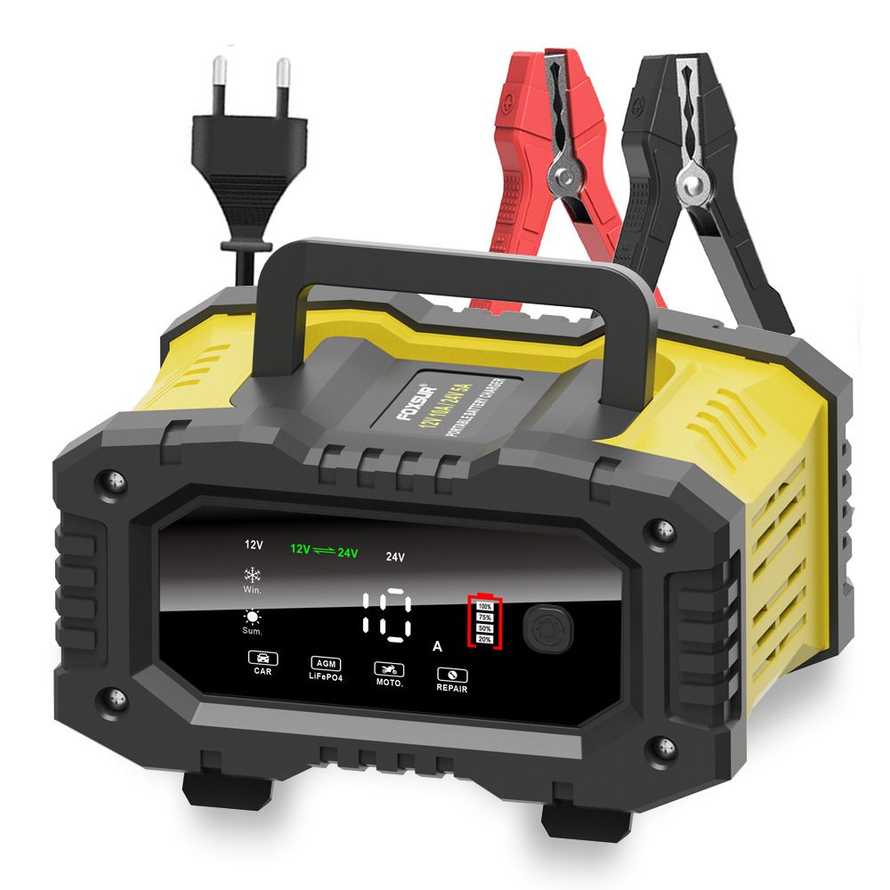 FOXSUR Tragbares Autobatterieladegerät 12V 24V Vielseitiges Ladegerät für AGM LiFePO4 Blei-Säure Motorrad LKW